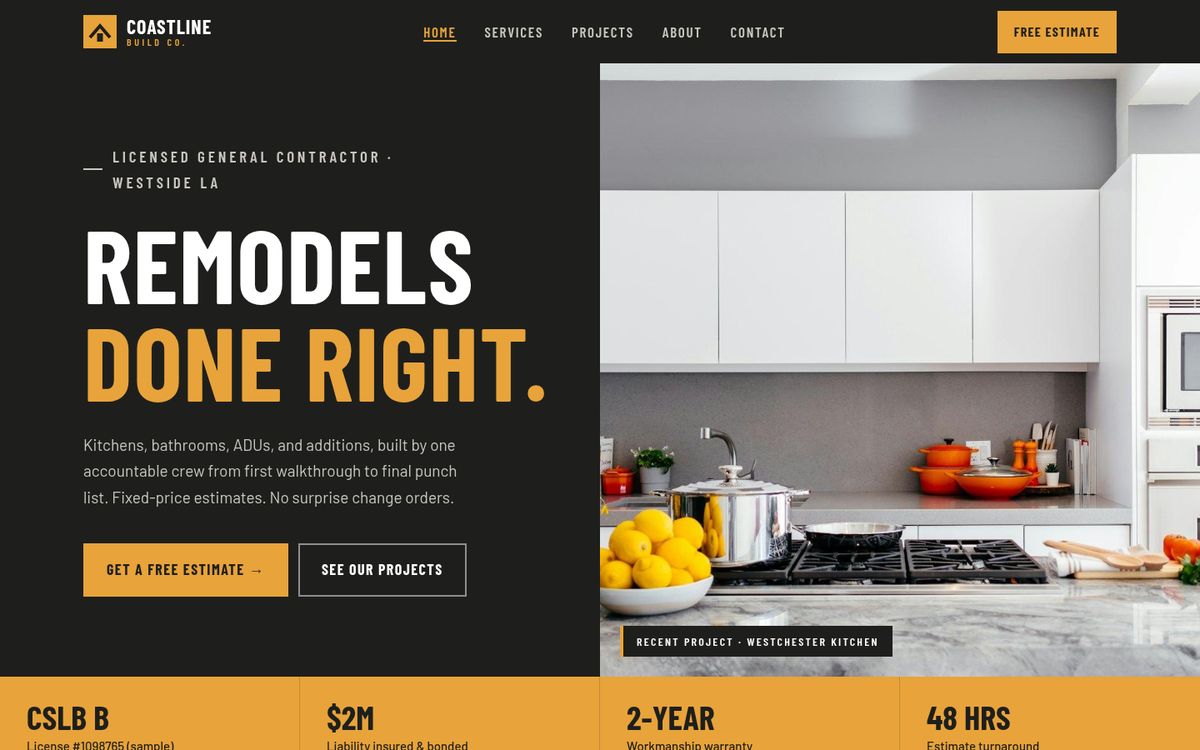 Homepage of the contractor sample site, Coastline Build Co.