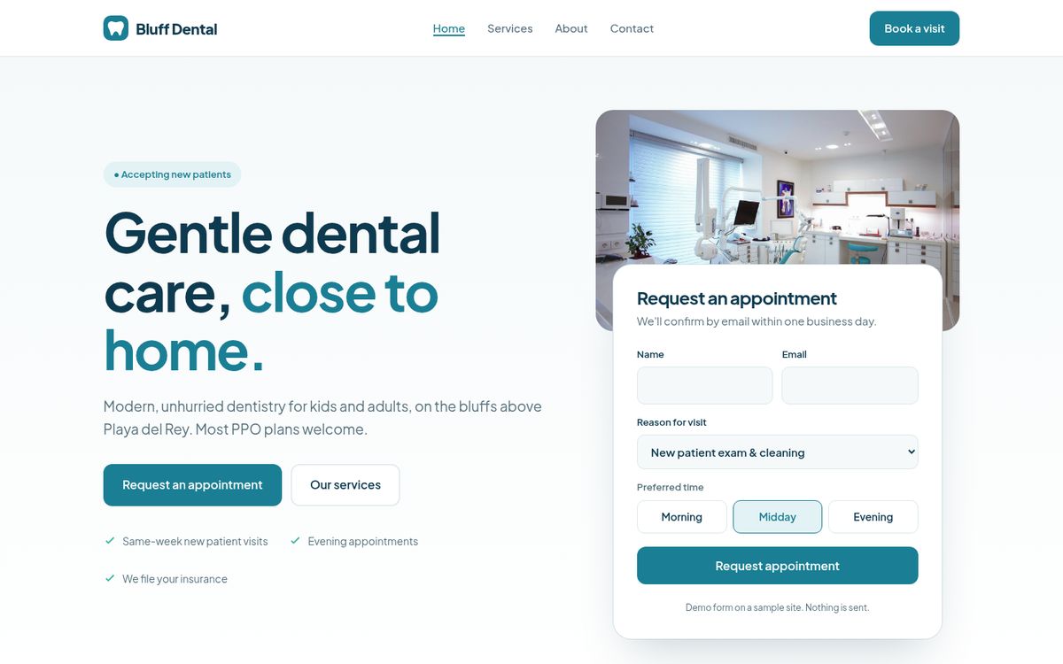 Homepage of the dental office sample site, Bluff Dental