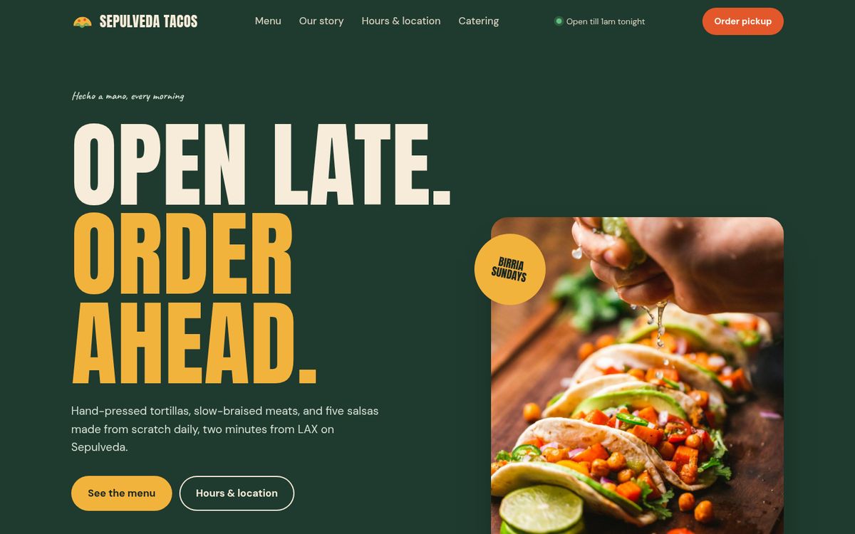 Homepage of the restaurant sample site, Sepulveda Tacos